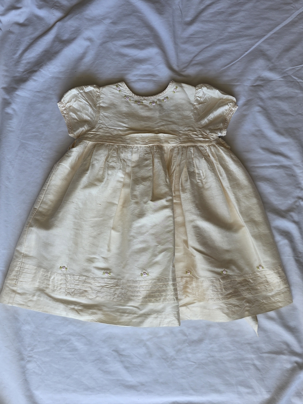 Luli & Me Cream Embroidered Satin Baby Dress